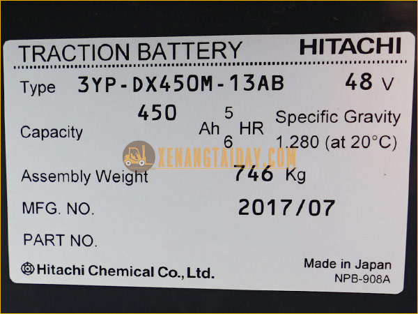 Bình điện theo xe nâng điện Nichiyu FB20PN-77-500SF là 48V- 450Ah. 